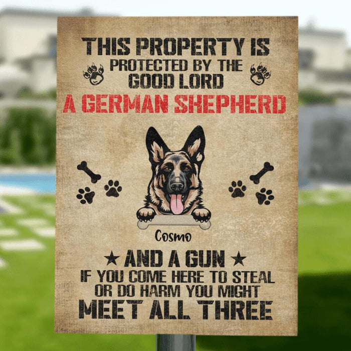 Personalized Dog Metal Sign - Up to 4 Dogs - Best Gift For Dog Lover - This Property Is Protected By The Good Lord - JN3EUF