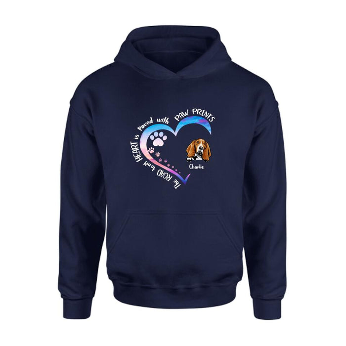 Personalized Dog Shirt/Pullover Hoodie - Up to 3 Dogs - Gift Idea For Dog Lover - The Road To My Heart Is Paved With Paw Prints