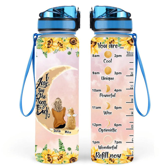 Personalized Pet Mom Sunflower Water Tracker Bottle - Gift Idea For Dog/Cat Lovers - Up to 3 Pets - I Love You To The Moon & Back