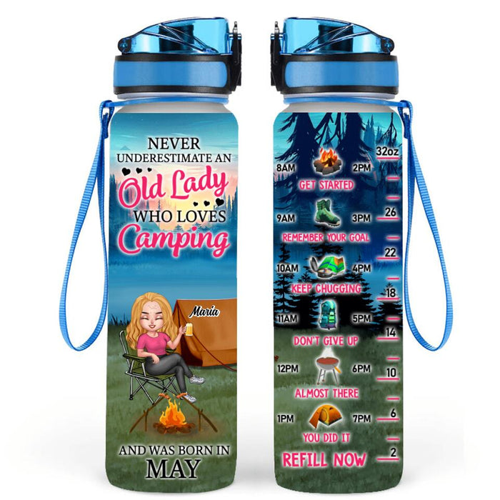 Personalized Camping Queen Water Tracker Bottle - Gift Idea For Camping Lovers - Never Underestimate An Old Lady Who Loves Camping And Was Born In May
