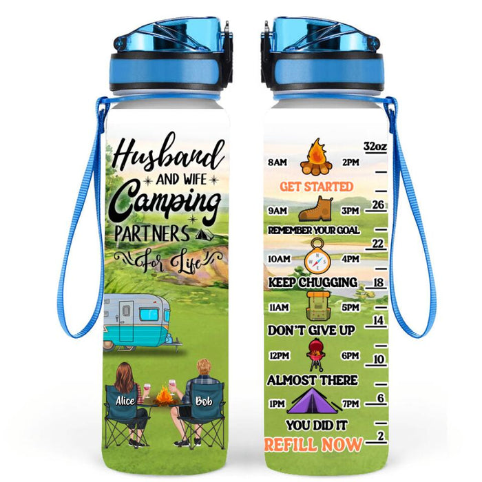 Personalized Camping Water Tracker Bottle - Adult/Couple/Parents With Up to 2 Kids And 4 Pets - Gift Idea For Camping Lover - Husband And Wife Camping Partners For Life