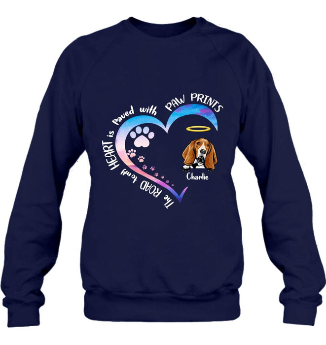 Personalized Dog Shirt/Pullover Hoodie - Up to 3 Dogs - Memorial Gift Idea For Dog Lover - The Road To My Heart Is Paved With Paw Prints