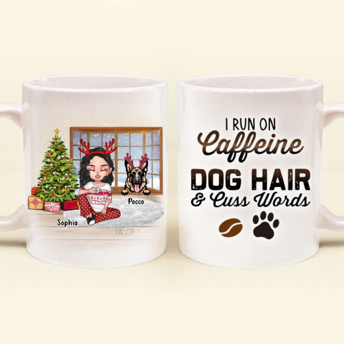 Personalized Dog Mom Mug - Up to 3 Dogs - Christmas Gift Idea For Dog Lovers - I Run On Caffeine Dog Hair & Cuss Words