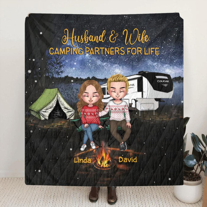 Personalized Camping Couple Fleece Throw Blanket/Quilt - Gift Idea For Camping Lovers - Up To 4 Dogs - Husband And Wife Camping Partners For Life