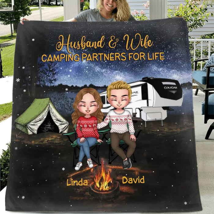 Personalized Camping Couple Fleece Throw Blanket/Quilt - Gift Idea For Camping Lovers - Up To 4 Dogs - Husband And Wife Camping Partners For Life