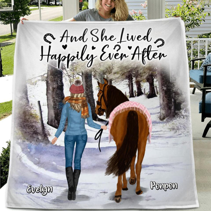 Personalized Horse Girl Fleece Throw Blanket/Quilt - Christmas Gift Idea For Horse Lover - Up to 4 Horses - And She Lived Happily Ever After