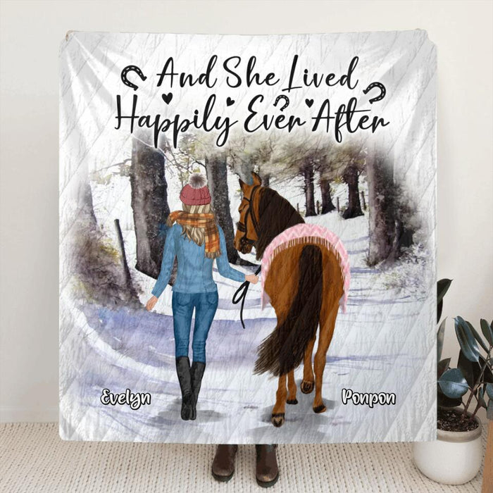 Personalized Horse Girl Fleece Throw Blanket/Quilt - Christmas Gift Idea For Horse Lover - Up to 4 Horses - And She Lived Happily Ever After
