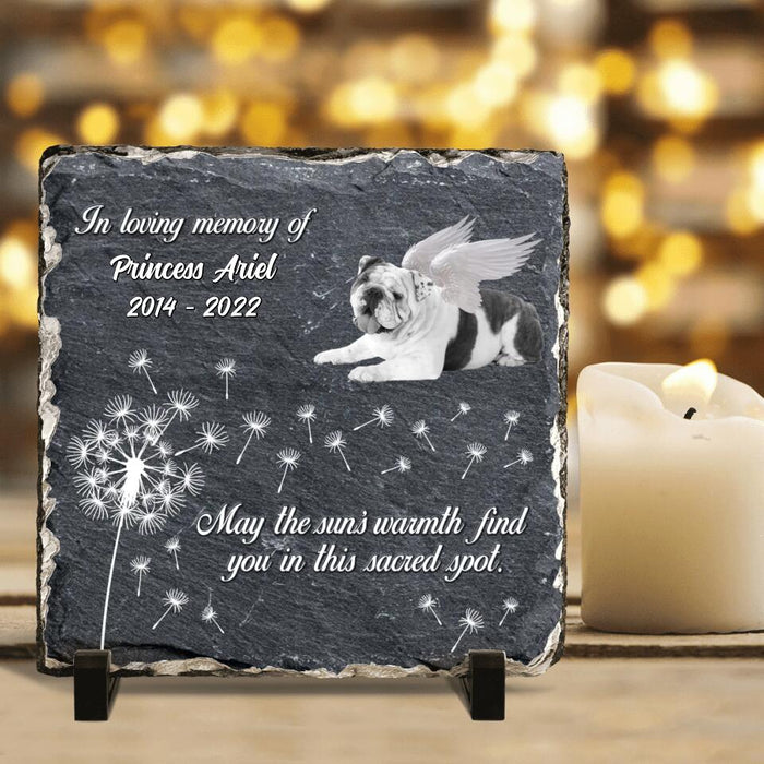 Personalized Memorial Square Lithograph - Gift Idea For Dog Owner - Upload Dog Photo - May The Sun's Warmth Find You In This Sacred Spot