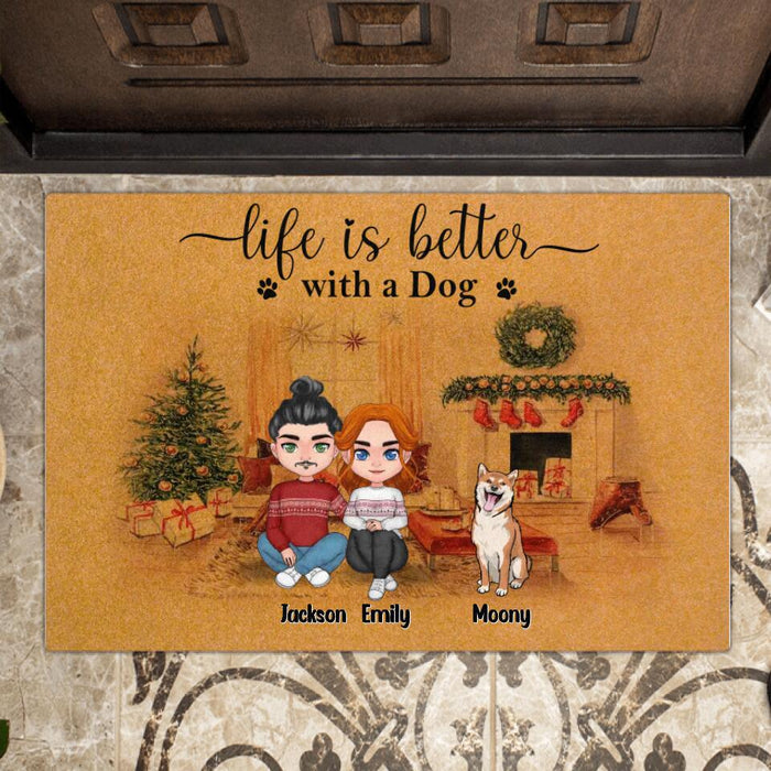 Personalized Christmas Couple Doormat - Gift Idea For Christmas/Couple/Dog Lovers - Couple With Up To 6 Dogs - Life Is Better With A Dog
