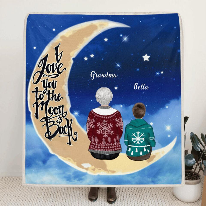 Personalized Grandma/Grandpa & Grandchilds Sitting On Moon Pillow Cover/Quilt/Fleece Blanket - Up to 4 Kids - Gift Idea For Grandma/Grandpa - I Love You To The Moon And Back