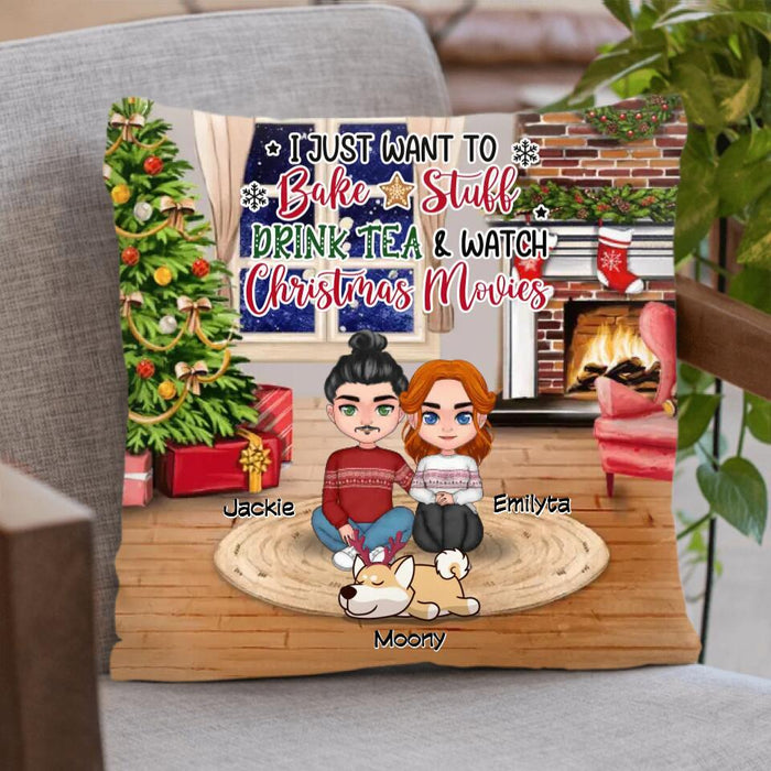 Personalized Couple With Pet Christmas Fleece Throw Blanket/Quilt/Pillow Cover -  Christmas Best Gift Idea For Couple -  Up To 3 Pets - I Just Want To Bake Stuff, Drink Tea & Watch Christmas Movies