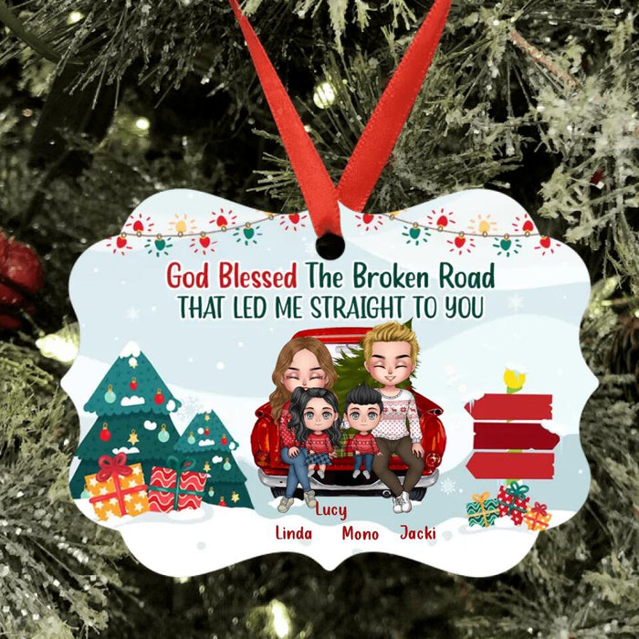 Personalized Christmas Couple On Car Aluminium Ornament - Gift Idea For Christmas/Family With Up To 2 Kids - God Blessed The Broken Road That Led Me Straight To You