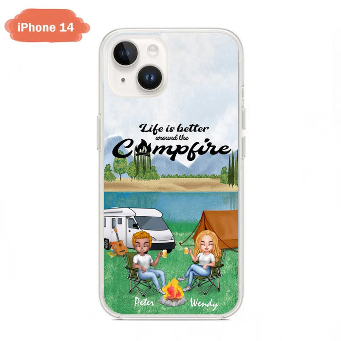Personalized Camping Chibi Phone Case - Couple With Up to 2 Dogs - Gift Idea For Dog/Camping Lover - Life Is Better Around The Campfire - Case For iPhone And Samsung