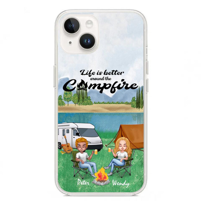 Personalized Camping Chibi Phone Case - Couple With Up to 2 Dogs - Gift Idea For Dog/Camping Lover - Life Is Better Around The Campfire - Case For iPhone And Samsung
