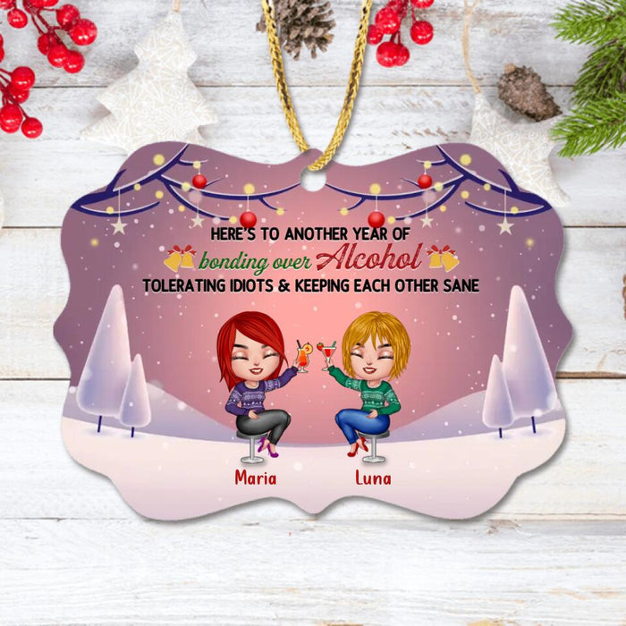 Personalized Friends Rectangle Wooden Ornament - Up to 8 People - Christmas Gift Idea for Friends/Sisters/Besties - Here's To Another Year Of Bonding Over Alcohol Tolerating Idiots & Keeping Each Other Sane