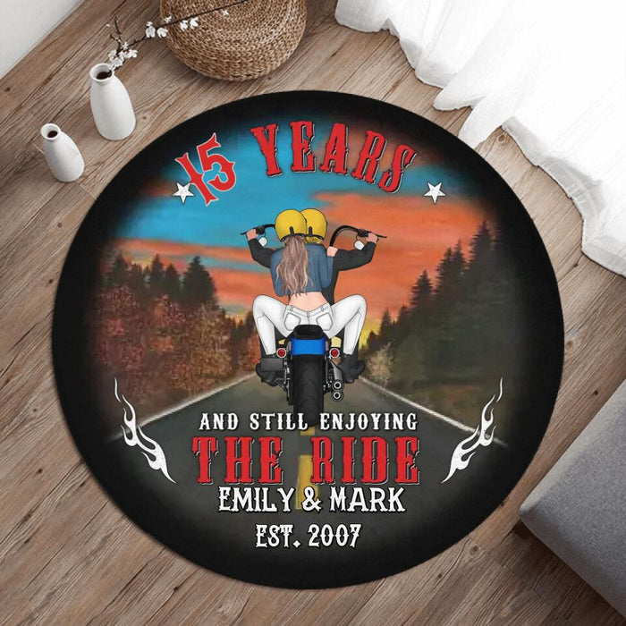 Personalized Riding Couple Foldable Round Rug - Gift Idea For Bike Lovers/Couple - 15 Years And Still Enjoying The Ride