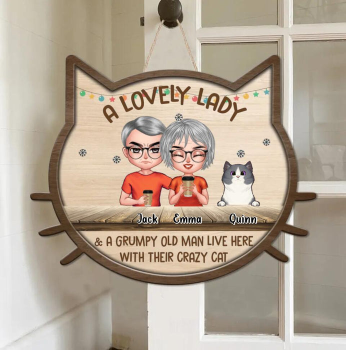 Personalized Couple Wooden Sign - Up to 6 Cats - Gift Idea For Couple/Cat Lovers - A Lovely Lady & A Grumpy Old Man Live Here With Their Crazy Cat