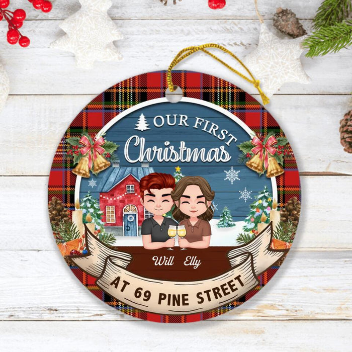 Personalized First Christmas At Our New Home Circle Wooden Ornament - Couple With Kids And Pets - Christmas Gift Idea For Couple/Family - Our First Christmas