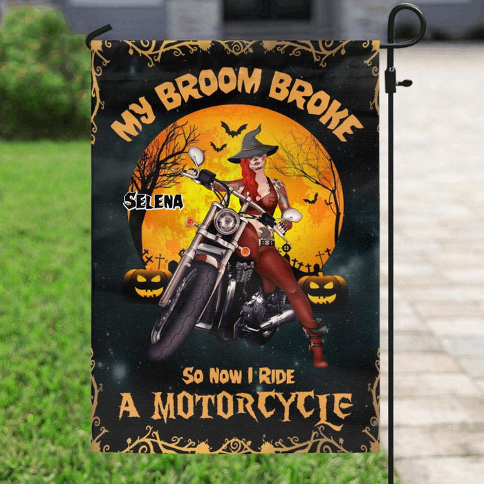 Personalized Witch Flag - Up to 4 Dogs - Halloween Gifts For Friends/Dog Lovers - My Broom Broke So Now I Ride A Motorcycle