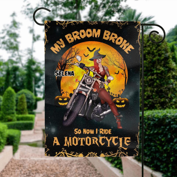 Personalized Witch Flag - Up to 4 Dogs - Halloween Gifts For Friends/Dog Lovers - My Broom Broke So Now I Ride A Motorcycle