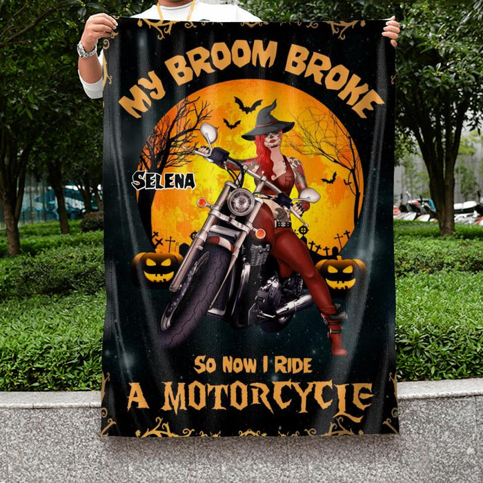 Personalized Witch Flag - Up to 4 Dogs - Halloween Gifts For Friends/Dog Lovers - My Broom Broke So Now I Ride A Motorcycle