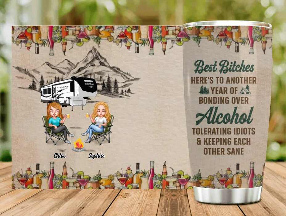Personalized Camping Friends Tumbler - Up to 7 People - Gift Idea For Friends/Camping Lover - Here's To Another Year Of Bonding Over Alcohol