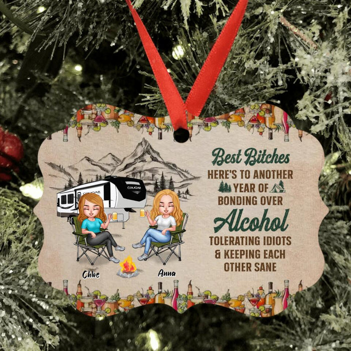 Personalized Camping Friends Aluminium  Ornament - Up to 7 People - Gift Idea For Friends/Camping Lover - Here's To Another Year Of Bonding Over Alcohol