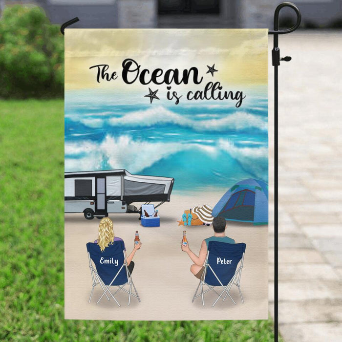 Personalized Beach Camping Garden Flag - Gift For The Whole Family with up to 4 Kids & 2 Pets - The Ocean Is Calling