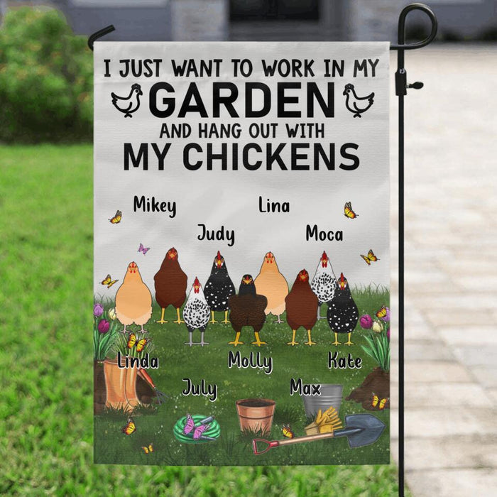 Personalized Flag Sign - Gift For Chicken Lovers - I just want to work in my Garden and hang out with my Chickens - Up to 9 Chickens