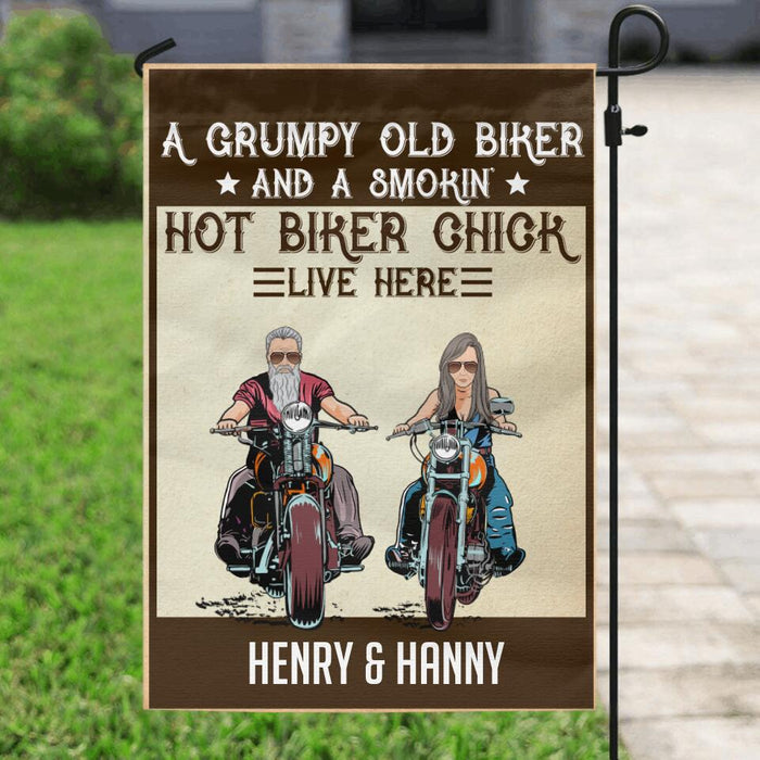 Personalized Couple Biker Flag Sign - Gift Idea For Couple - A Grumpy Old Biker And A Smokin' Hot Biker Chick Live Here