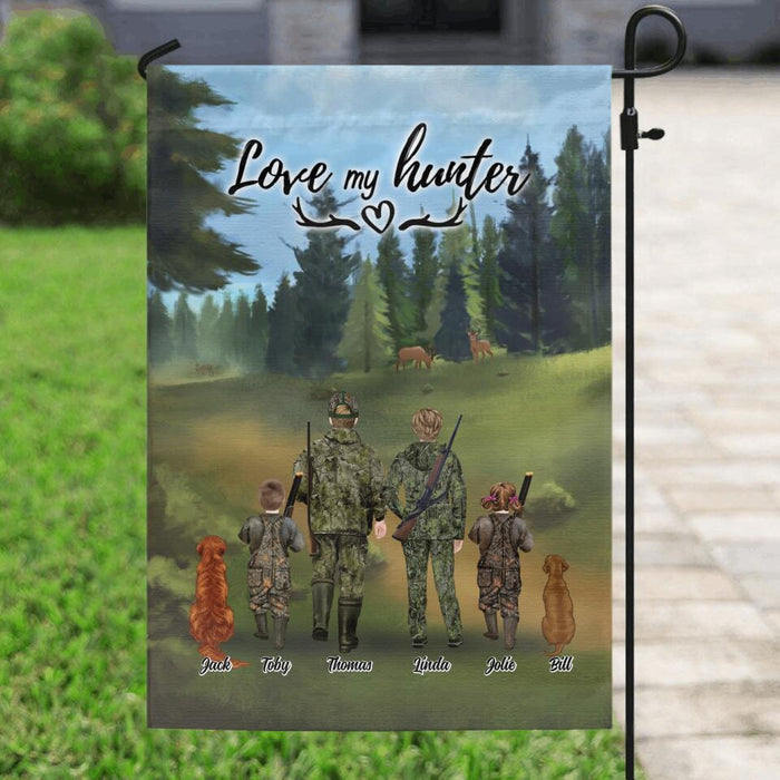 Personalized Hunting With Pets Flag - Parents With Up To 2 Kids/Couple/Single Parent/Solo Man/Woman and Pets - Best Gift For Hunting Lovers