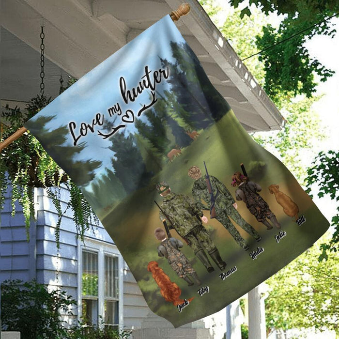 Personalized Hunting With Pets Flag - Parents With Up To 2 Kids/Couple/Single Parent/Solo Man/Woman and Pets - Best Gift For Hunting Lovers