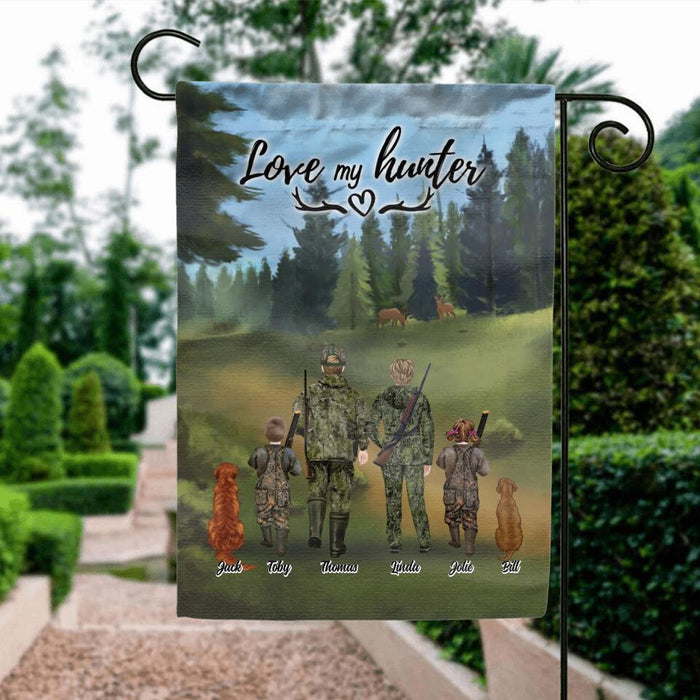 Personalized Hunting With Pets Flag - Parents With Up To 2 Kids/Couple/Single Parent/Solo Man/Woman and Pets - Best Gift For Hunting Lovers