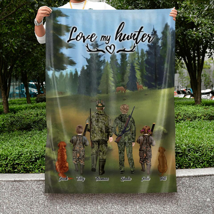 Personalized Hunting With Pets Flag - Parents With Up To 2 Kids/Couple/Single Parent/Solo Man/Woman and Pets - Best Gift For Hunting Lovers