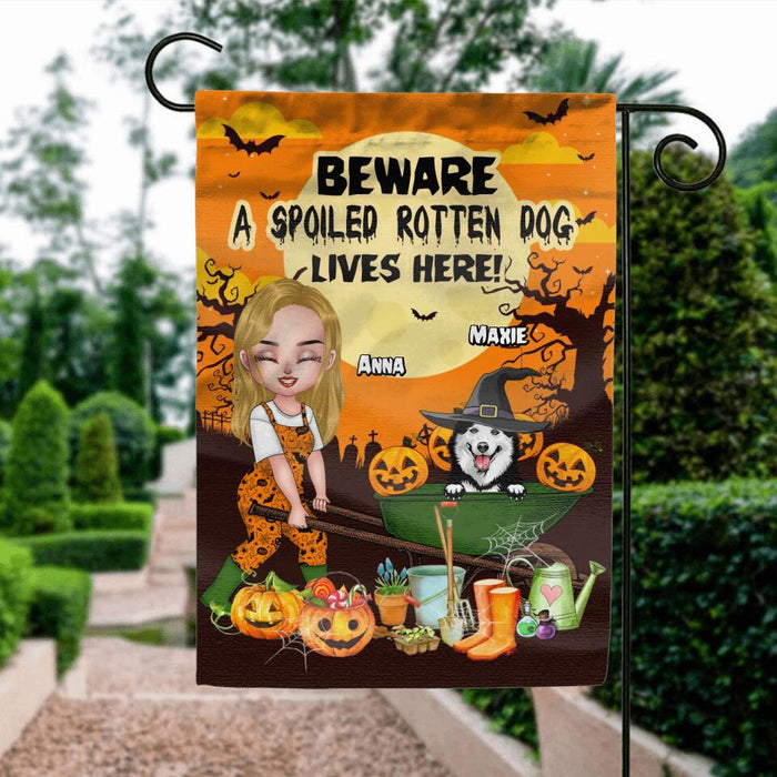 Personalized Gardening Girl Flag Sign - Up to 7 Dogs - Halloween Gift For Gardening Lover/Dog Lover - Beware Spoiled Rotten Dogs Live Here!