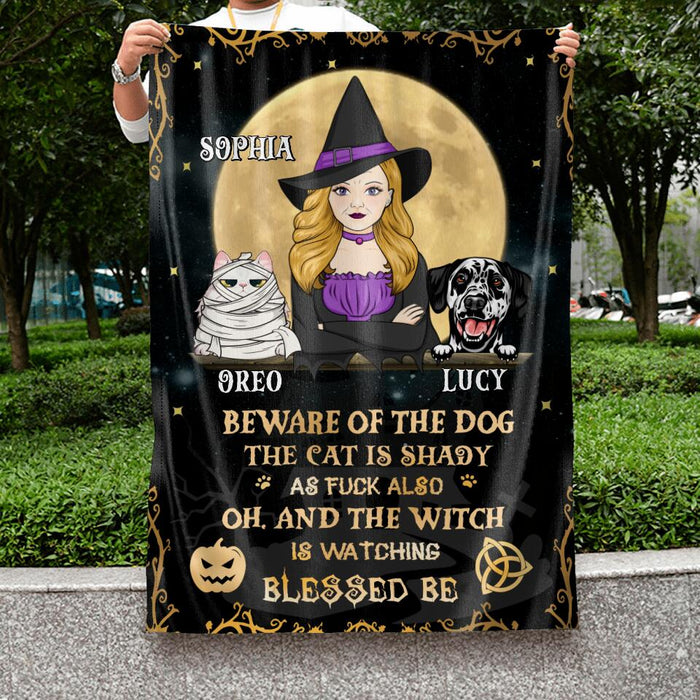 Personalized Witch Flag - Up to 4 Pets - Halloween Gift Idea For Friends/Dog/Cat Lovers - Beware Of The Dog The Cat Is Shady As Fuck Also