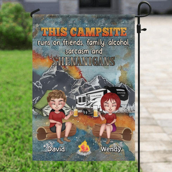 Personalized Camping Friends Flag Sign - Up to 6 People - Gift Idea For Friends/Camping Lovers - This Campsite Runs On Friends Family Alcohol Sarcasm And Shenanigans