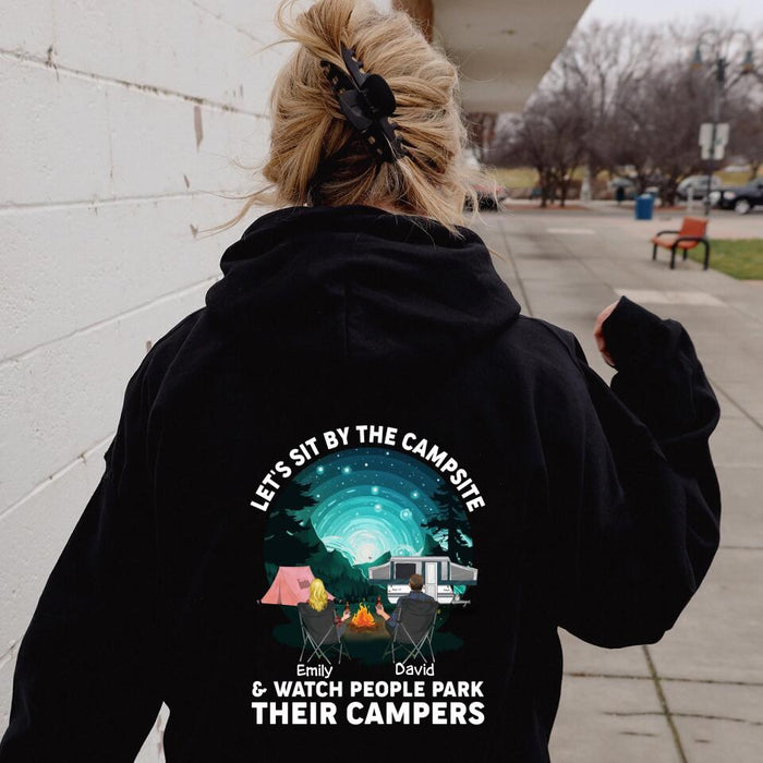 Personalized Couple Camping Hoodie/T-shirt - Design On Back Side - Gift Idea For Camping Lovers/Couple - Let's Sit By The Campsite  & Watch People Park Their Campers