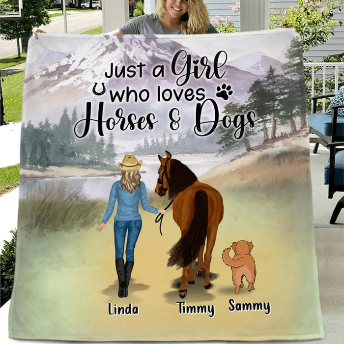 Personalized Horse & Dog Fleece Throw Blanket/Quilt - Gift Idea For Horse/Dog Lovers - Up To 2 Horses & 4 Dogs - Just A Girl Who Loves Horses & Dogs