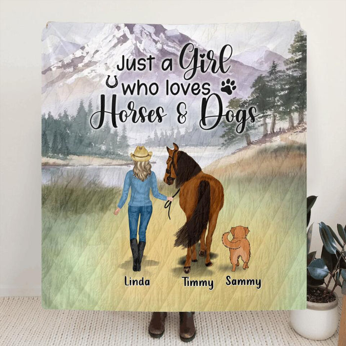 Personalized Horse & Dog Fleece Throw Blanket/Quilt - Gift Idea For Horse/Dog Lovers - Up To 2 Horses & 4 Dogs - Just A Girl Who Loves Horses & Dogs