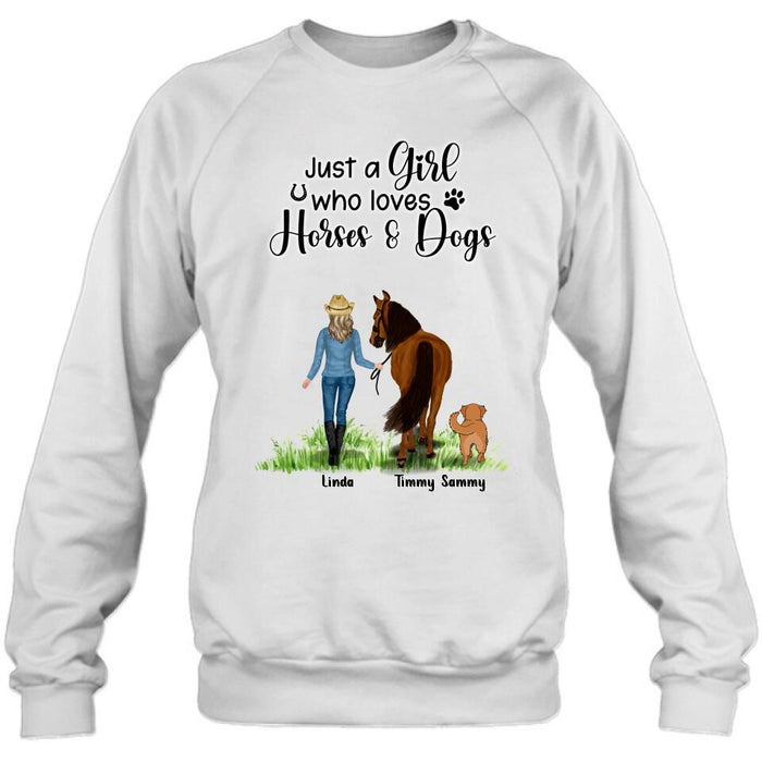 Personalized Horse & Dog T-shirt - Gift Idea For Horse/Dog Lovers With Up To 2 Horses And 4 Dogs - Just A Girl Who Loves Horses & Dogs