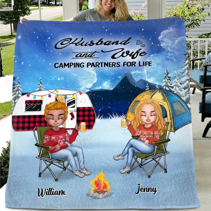 Personalized Camping Couple Xmas Fleece Blanket/Quilt - Christmas Gift For Couple/Camping Lover/Dog Lover- Up to 4 Dogs - Husband And Wife Camping Partners For Life