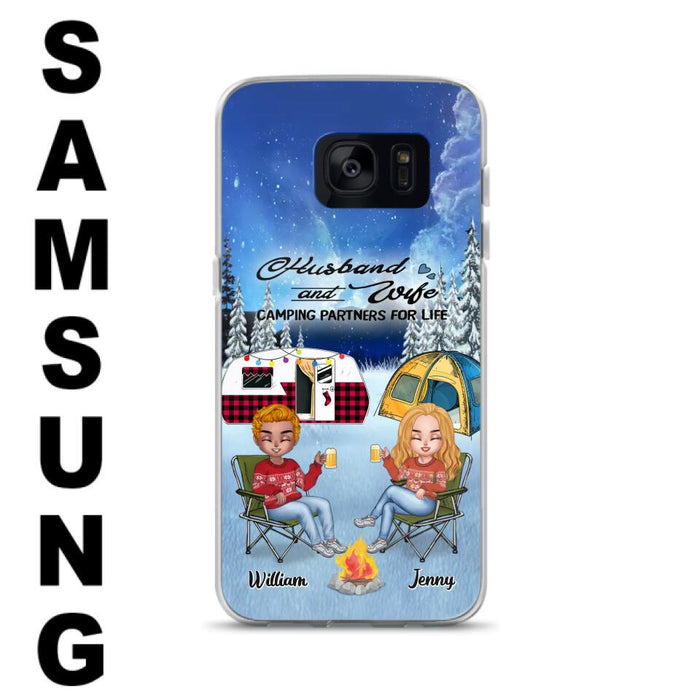 Personalized Camping Couple Xmas Phone Case - Christmas Gift For Couple/Camping Lover/ Dog Lover - Couple With Up to 4 Dogs - Husband And Wife Camping Partners For Life - Case For iPhone And Samsung