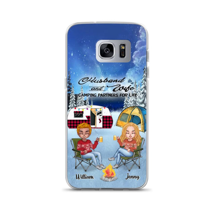 Personalized Camping Couple Xmas Phone Case - Christmas Gift For Couple/Camping Lover/ Dog Lover - Couple With Up to 4 Dogs - Husband And Wife Camping Partners For Life - Case For iPhone And Samsung