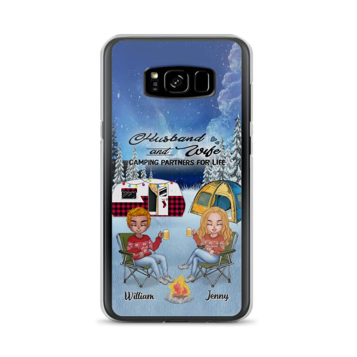 Personalized Camping Couple Xmas Phone Case - Christmas Gift For Couple/Camping Lover/ Dog Lover - Couple With Up to 4 Dogs - Husband And Wife Camping Partners For Life - Case For iPhone And Samsung