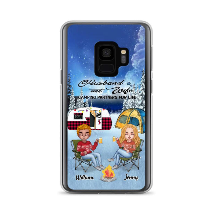 Personalized Camping Couple Xmas Phone Case - Christmas Gift For Couple/Camping Lover/ Dog Lover - Couple With Up to 4 Dogs - Husband And Wife Camping Partners For Life - Case For iPhone And Samsung