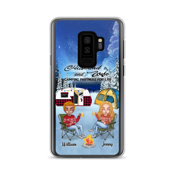Personalized Camping Couple Xmas Phone Case - Christmas Gift For Couple/Camping Lover/ Dog Lover - Couple With Up to 4 Dogs - Husband And Wife Camping Partners For Life - Case For iPhone And Samsung