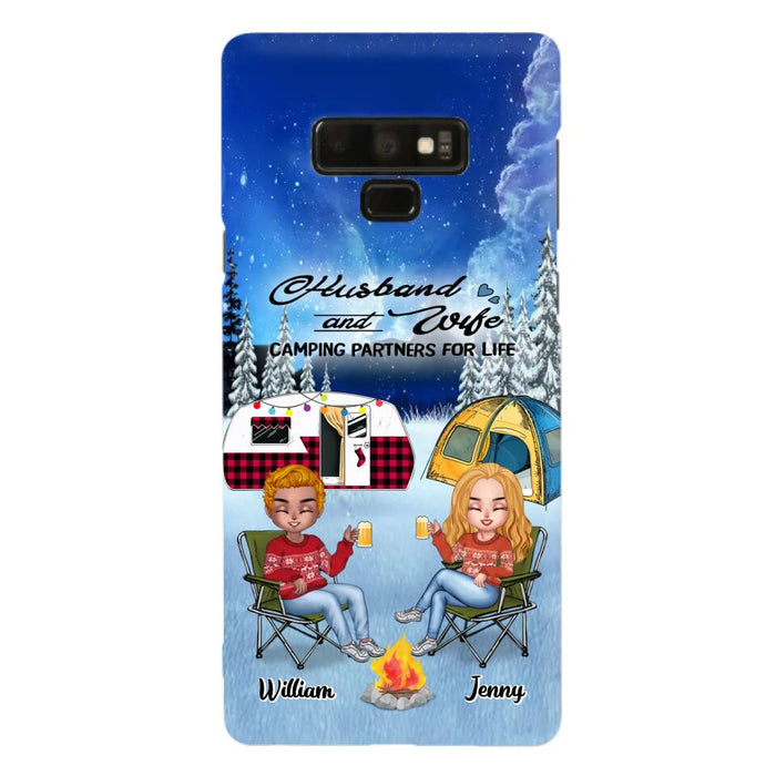 Personalized Camping Couple Xmas Phone Case - Christmas Gift For Couple/Camping Lover/ Dog Lover - Couple With Up to 4 Dogs - Husband And Wife Camping Partners For Life - Case For iPhone And Samsung