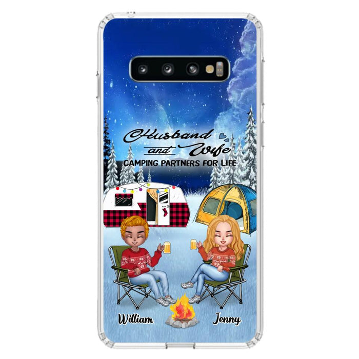 Personalized Camping Couple Xmas Phone Case - Christmas Gift For Couple/Camping Lover/ Dog Lover - Couple With Up to 4 Dogs - Husband And Wife Camping Partners For Life - Case For iPhone And Samsung