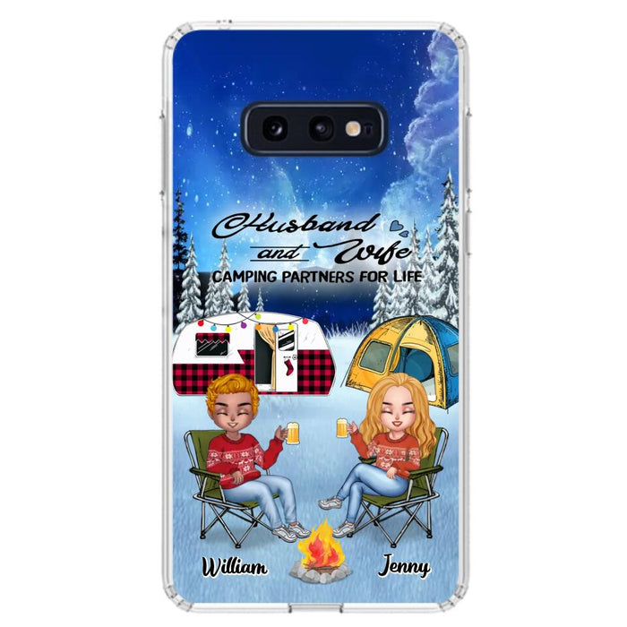 Personalized Camping Couple Xmas Phone Case - Christmas Gift For Couple/Camping Lover/ Dog Lover - Couple With Up to 4 Dogs - Husband And Wife Camping Partners For Life - Case For iPhone And Samsung